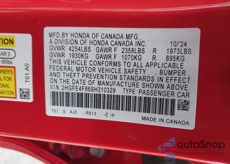 2025 Honda Civic Hybrid Sport/Sport Touring z USA, uszkodzony, nr VIN 2HGFE4F86SH310329